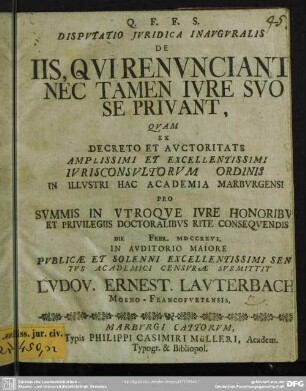 Disputatio Iuridica Inauguralis De Iis, Qui Renunciant, Nec Tamen Iure Suo Se Privant