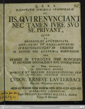 Disputatio Iuridica Inauguralis De Iis, Qui Renunciant, Nec Tamen Iure Suo Se Privant