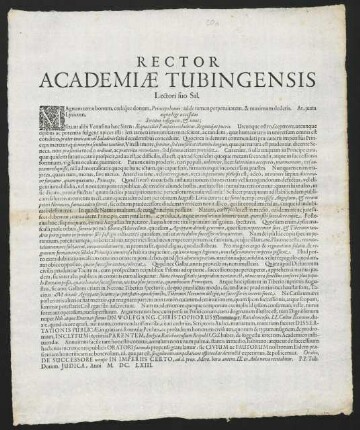 Rector Academiae Tubingensis Lectori suo Sal.