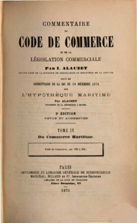 Commentaire du Code de commerce et de la législation commerciale, 4. Du commerce maritime