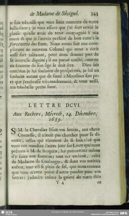 Lettre DCVI. Aux Rochers, Mécredi, 14. Décembre, 1689