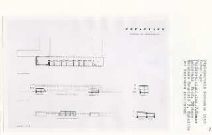 Kuranlage (Diplomarbeit bei Kurt Dübbers): Badehaus, Bäderverwaltung, Grundriss Obergeschoss, Ansichten von Norden, Süden und Schnitte