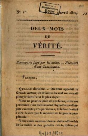 Deux mots de Vérité : Buonaparte jugé par lui-même , nécessité d'une constitution