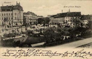 Postkartenalbum mit Motiven von Karlsruhe. "Karlsruhe. Stephansplatz. Hauptpost, Hotel Goldener Karpfen"
