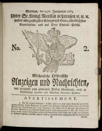 No. 2. Montags, den 14ten Januarius 1765.