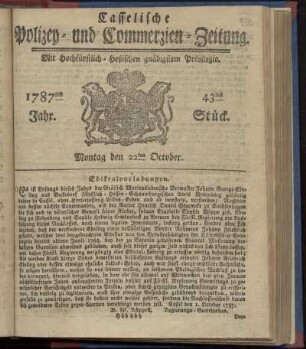 43tes Stueck, Montag den 22ten October. 1787