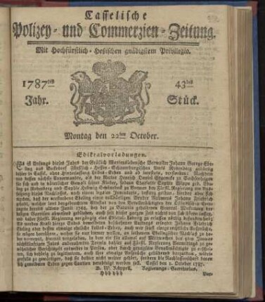 43tes Stueck, Montag den 22ten October. 1787