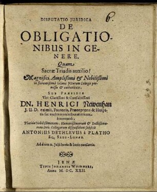 Disputatio Iuridica De Obligationibus In Genere.