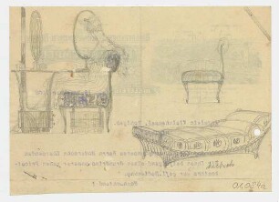 Möbelstudien mit Figur : Toilettenkommode mit weiblicher Figur, Bettstudie und Stuhl