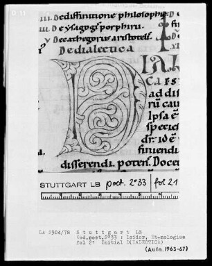 Isidor von Sevilla, Etymologiae — Initiale D(ialectica), Folio 21recto