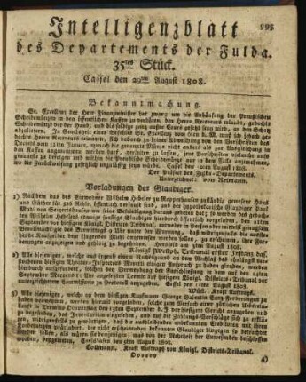 35tes Stück. Cassel den 29ten August 1808