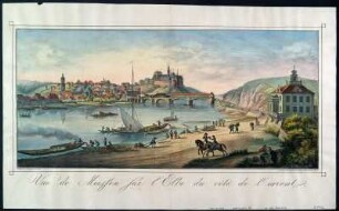 Ansicht von Meißen (nach Hammer), Lithographie, um 1850 : Vue de Meißen sur lïElbe du coté de lïorient. - Meißen : Mosche ; Meißen : Steinmetz & Bornemann , [um 1850]. - 1 Ansicht : Lithographie ; 60 x 27 cm