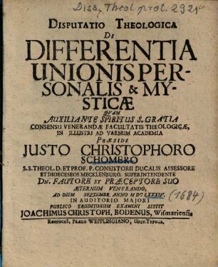 Disputatio Theologica De Differentia Unionis Personalis & Mysticae