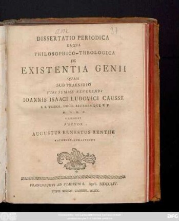 Dissertatio Periodica Eaque Philosophico-Theologica De Existentia Genii