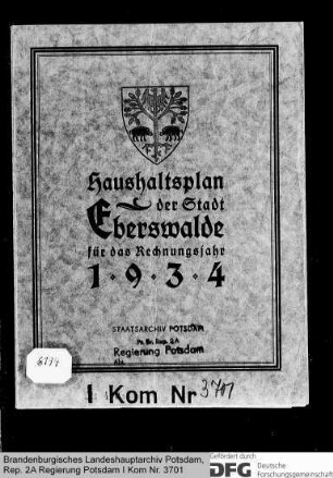 Haushaltsplan der Stadt Eberswalde für das Rechnungsjahr 1934