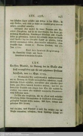 LXV. Dessen Mandat, die Rettung der im Wasser oder sonst verunglückten und für todt gehaltenen Personen betreffend, vom 20. Sept. 1773