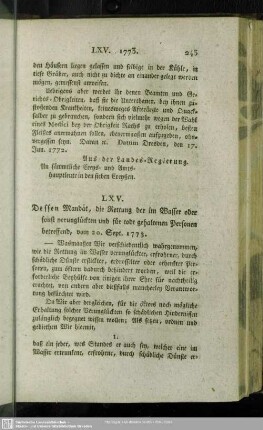 LXV. Dessen Mandat, die Rettung der im Wasser oder sonst verunglückten und für todt gehaltenen Personen betreffend, vom 20. Sept. 1773
