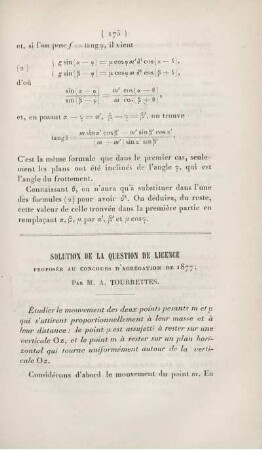 Solution de la question de licence proposée au concours d'agrégation de 1877.