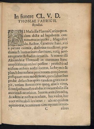 In funere Cl. V. D. Thomae Fabricii, Syndici.