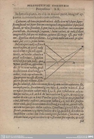 Propositio XX. In speculis planis, ex aliis in maiori parte, imagine apparere in concursu radij cum catheto.