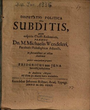 Disputatio Politica De Subditis