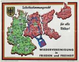 Schematische Karte mit der Forderung nach der Wiederherstellung Deutschlands in den Grenzen von 1937 (BRD, DDR, Westpreußen, Ostpreußen) mit rückseitigen Text