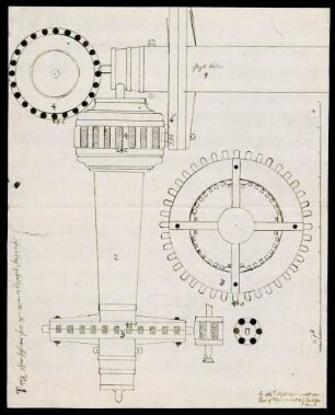 Technische Zeichnungen der Windmühle auf der Hochwacht auf dem Hohentwiel, Wellbaum, Kammrad und Rad am Feigelbaum