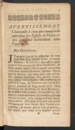 Avertissement Charitable à ceux qui composoient autrefois les Eglises de Poitou & Qui gemissent maintenant dans l'oppression.