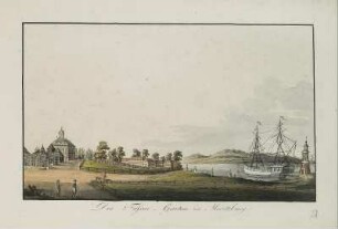 Moritzburg, Der Fasan-Garten in Moritzburg (Fasanenschlösschen mit Leuchtturm und Schiff). Unbekannter deutscher Künstler, 1. H. 19. Jh. Radierung, koloriert; 15,3 x 22,8 cm. Dresden: Kupferstich-Kabinett A 132437 in A,2 (D XVI-XX, Sax.top.a V)