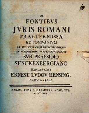 De Fontibvs Jvris Romani Praetermissa Ad Pomponivm