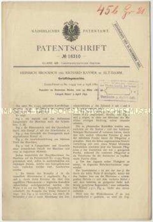 Patentschrift einer Kartoffellegemaschine, Patent-Nr. 16310