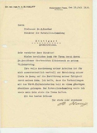 Dankesschreiben Hauff an Rauther