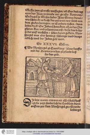 Die XXXVI. History Wie Vlenspiegel zu Quendling huner kaufft/vnd der Bewrin iren han zu pfandt ließ für das gelt