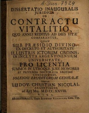 Dissertatio inauguralis iuridica de contractu vitalitio, quo annui reditus ad dies vitae comparantur