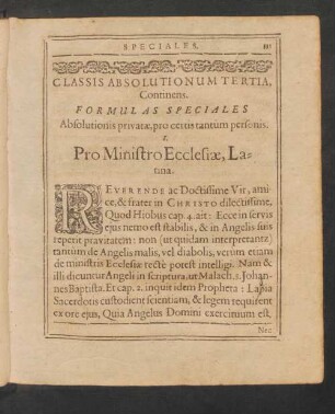 Classis Absolutionum Tertia, Continens Formulas Speciales Absolutionis privatae, pro certis tantum personis.