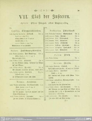 VII. Claß der Insecten. Aptera. Ohne Flügel, oder Ungeziefer