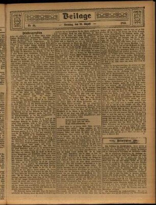 Zweite Ausgabe vom Sonntag, den 20. August 1922.