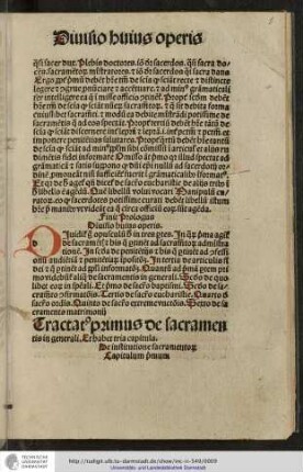 Tractatus primus de sacramentis in generali. Et habet tria capitula. De institutione sacramentorum. Capitulum primum.