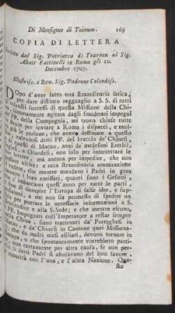 Copia di lettera Scritta dal Sig. Patriarca di Tournon al Sig. Abate Fattinelli in Roma gli 10. Decembre 1707. Illustris. e rev. Sig. Padrone Colendiss