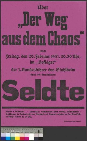 Plakat zu einer öffentlichen Veranstaltung des Wehrverbandes "Stahlhelm, Bund der Frontsoldaten" am 20. Februar 1931 in Braunschweig