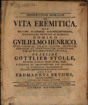 Dissertatio Moralis De Vita Eremitica