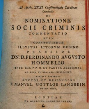 Ad Artic. XXXI. Constitutionis Carolinae criminalis de nominatione socii criminis commentatio