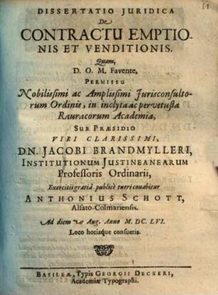 Diss. iur. de contractu emptionis et venditionis