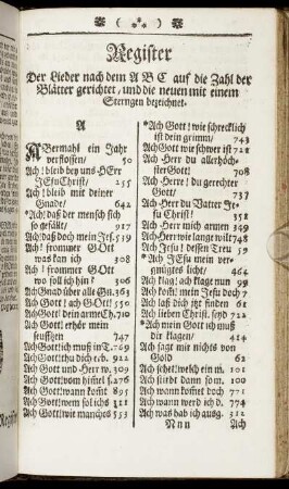Register Der Lieder nach dem ABC auf die Zahl der Blätter gerichtet,