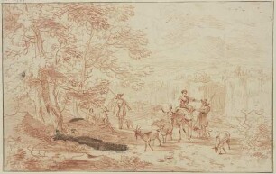 Am Saum eines Waldes lagern Jäger, dabei ein Hirte und eine Hirtin auf einem Esel mit zwei Schafen und einer Ziege