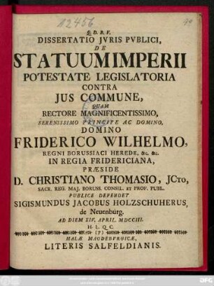 Dissertatio Jvris Pvblici, De Statuum Imperii Potestate Legislatoria Contra Jus Commune