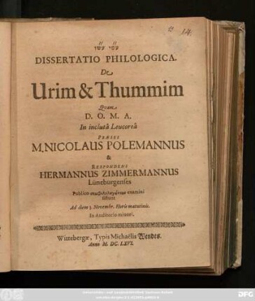 Dissertatio Philologica. De Urim & Thummim