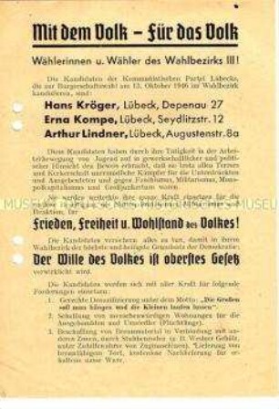 Aufruf der KPD Lübeck zu den Bürgerschaftswahlen 1946