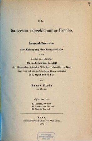Ueber Gangraen eingeklemmter Brüche : Inaugural-Dissertation