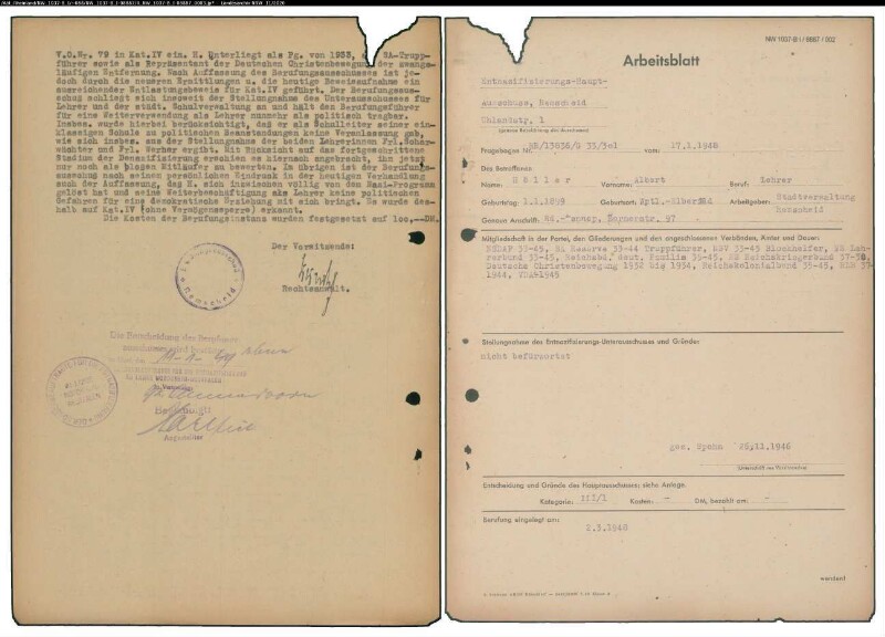 Entnazifizierung Albert Hoeller , geb. 01.01.1899 (Lehrer)